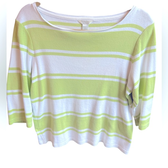 Kiwi Green and White Striped Boatneck Top with 3/4 Length Sleeves.  Size = Large - Picture 1 of 7